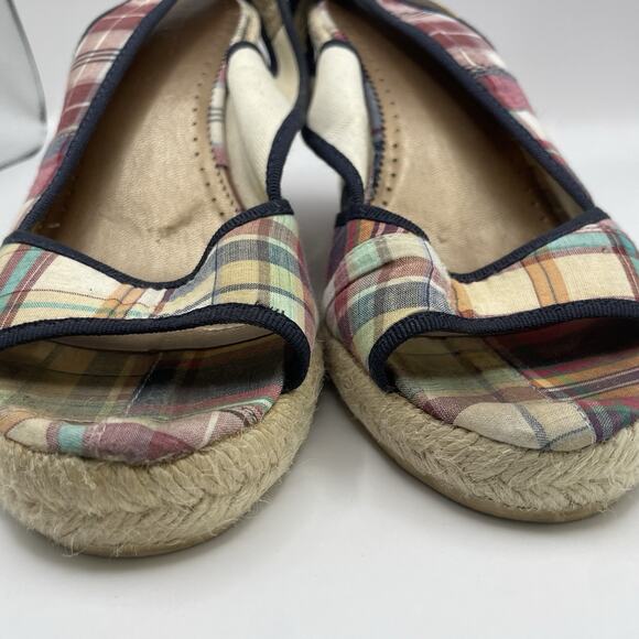 J Crew Size 7 Slingback Espadrille Wedge Heel Sandals Plaid Red Navy Open Toe - Picture 2 of 8